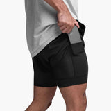 Herren Fitness Shorts mit Innenshorts für Sommertraining – Schwarz- Schwarzes Innenfutter