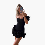 Elegantes Satin-Rüschendress für Frauen - Einseitig Schulterfrei – Schwarz