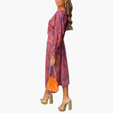 Midikleid für Damen - Blumenmuster, Langarm & V-Ausschnitt – Lila