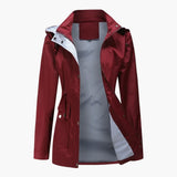 Langer Trenchcoat mit Kapuze für Damen – Weinrot