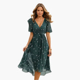 Midikleid für Damen - Elegant, Blumenmuster & V-Ausschnitt – Grün