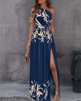 Calindra – Sexy Maxikleid mit einer Schulter – Blau geblümt