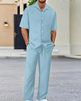 Herren Freizeit-Zweiteiler mit Kurzarm-Hemd und bequemer Hose – Himmelblau