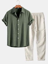 Button-Up Hemd und gerade geschnittene Hose aus Leinen-Rayon-Mischung – Dunkelgrün
