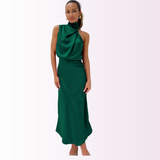 Fiona | Elegantes Abendkleid Mit Hohem Kragen – Dunkelgrün