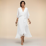 Marta | Damen Chiffonkleid V-Ausschnitt – Fließendes Chiffon Kleid – Weiß