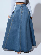 Damen A-Linie Rock aus Denim mit Knopfverschluss - Oralyaen – Dunkelblau