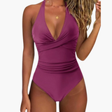 Karierter Sommer-Badeanzug - Damen Einteiler mit V-Ausschnitt – Rosa