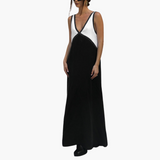 Leichtes V-Ausschnitt Maxi-Kleid für Frauen - Farbblock Design – Schwarz