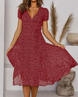 BelleRue - Bedrucktes Chiffonkleid mit kurzen Ärmeln und V-Ausschnitt für Damen – Rotwein