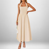 Joanna - Stilvolles Neckholder-Midikleid – Beige