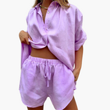 Zweiteiler Set für Damen - mit Knopfleiste und Shorts – Lila