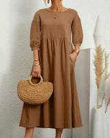 Midikleid mit Rundhalsausschnitt & Laternenärmeln – Selina – Braun