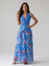 Nori | Halter Neck Rüschentop Floral Maxi Kleid – Blau