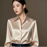 Elegantes Satin-Hemdblusenshirt für Damen | Lange Ärmel – Weiß