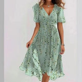 Laika - Geblümtes Midi-Sommerkleid aus Chiffon – Hellgrün