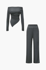 Daniela | Elegantes Zweiteiler-Set mit Asymmetrischem Oberteil & Weiten Hosen – Dunkelgrau