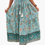 Damen Boho Lange Blumige Elegante Sommermode Rock mit Taschen – Türkis