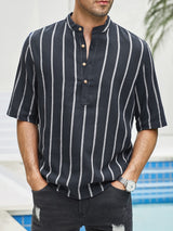 Samuel | Kurzarm-Henley-Sommerhemd mit Streifenmuster – Marineblau