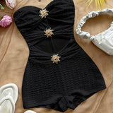 Damen Baddräkt Retro Bandeau Leopardenmuster mit Ausschnitten und Dekorativen Schnallen – Perfekt für Strand und Pool – Schwarz
