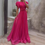 Elisa - Elegantes plissiertes langes Maxikleid in Dunkelblau – Rosa