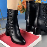 Warme leder-damenstiefel aus grobem leder – Schwarz