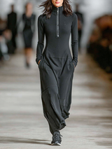 Elise - Soft-Touch-Maxikleid mit Stehkragen und Reißverschluss – Schwarz