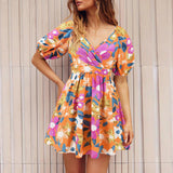 Camila - Geblümtes Minikleid mit Puffärmeln – Orange