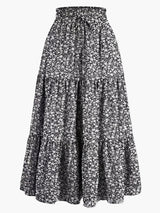 Damenrock mit Smockbund Eleganter Alltagsstil Midi Volantrock – Schwarz (blumig)