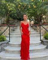 Damen Rüschen Lange Maxi Sommerkleid – Rot