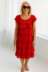 Damen Midi-Kleid mit kurzen Ärmeln in Schichten – Rot