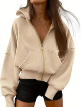 Scarlet – Kurzer Kapuzenpullover aus Baumwolle mit Reißverschluss – Beige