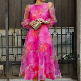 Amalia - Rosa geblümtes Midi-Gästekleid – Rote Rose