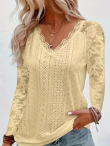 Shaleva - Stylisches Langarm Shirt Mit Spitzen V-Ausschnitt – Gelb