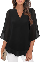 Marijana – Chiffon Bluse in A Linie Mit V-Ausschnitt – Schwarz