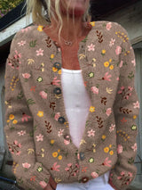 Damen Strickjacke mit Blumenmuster | Rundhalsausschnitt – Braun
