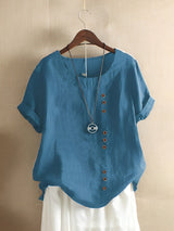 Cotton Loose Kurzärmeliges Leinen-Top – Blau