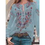 Shelanie - Boho-Bluse mit Blumenstickerei – Blau