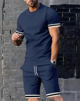 Herren Sport Set mit T-Shirt & Shorts | Zweiteiler mit Streifen für Sommer & Training – Marineblau