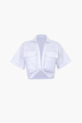 Janice | Stylisches Kurzarm Crop Shirt mit kragen – Wollweiß