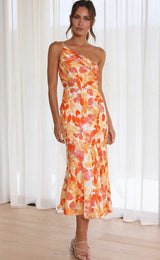 Aeris | Langes Asymmetrisches Kleid mit Blumenmuster – Orange