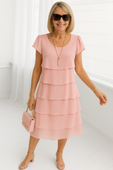 Damen Midi-Kleid mit kurzen Ärmeln in Schichten – Pink