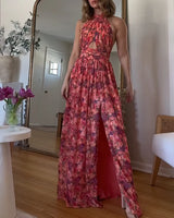 Isa Luna | Rückenfreies Maxikleid mit Blumenprint – Rote Blume