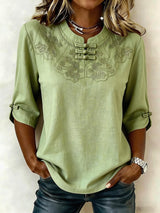 Cressida - Bestickte Bluse mit Mandarin-Kragen – Grün