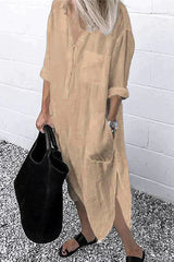 Nancy - Elegantes einfarbiges Hemdkleid mit Schlitz – Khaki
