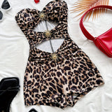 Damen Baddräkt Retro Bandeau Leopardenmuster mit Ausschnitten und Dekorativen Schnallen – Perfekt für Strand und Pool – Leopardenmuster