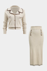 Mia | Klassisches Strick-Zweiteiler-Set mit Blazer-Cardigan & Bleistiftrock – Beige