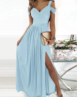 Amanda - Maxikleid mit Blumenfalten – Himmelblau