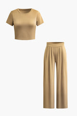 Luna | Elegantes Zweiteiler-Set mit Crop-Top & Palazzo-Hose – Khaki