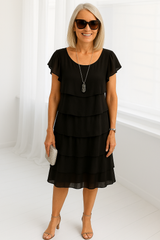 Damen Midi-Kleid mit kurzen Ärmeln in Schichten – Schwarz